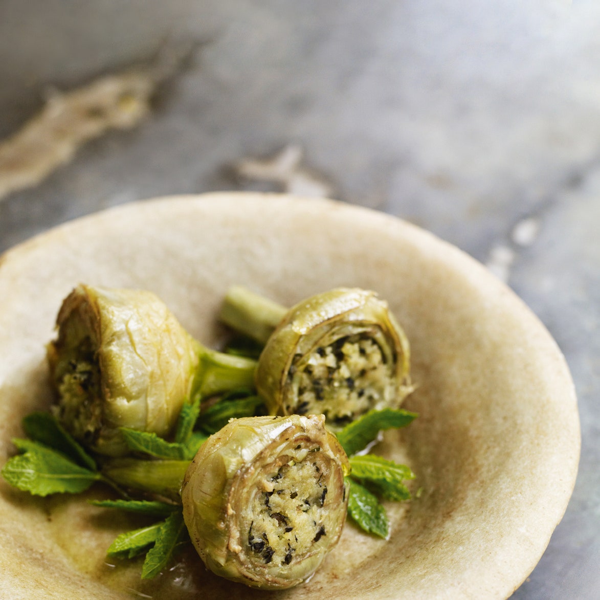 Artichokes alla romana with basil and mint