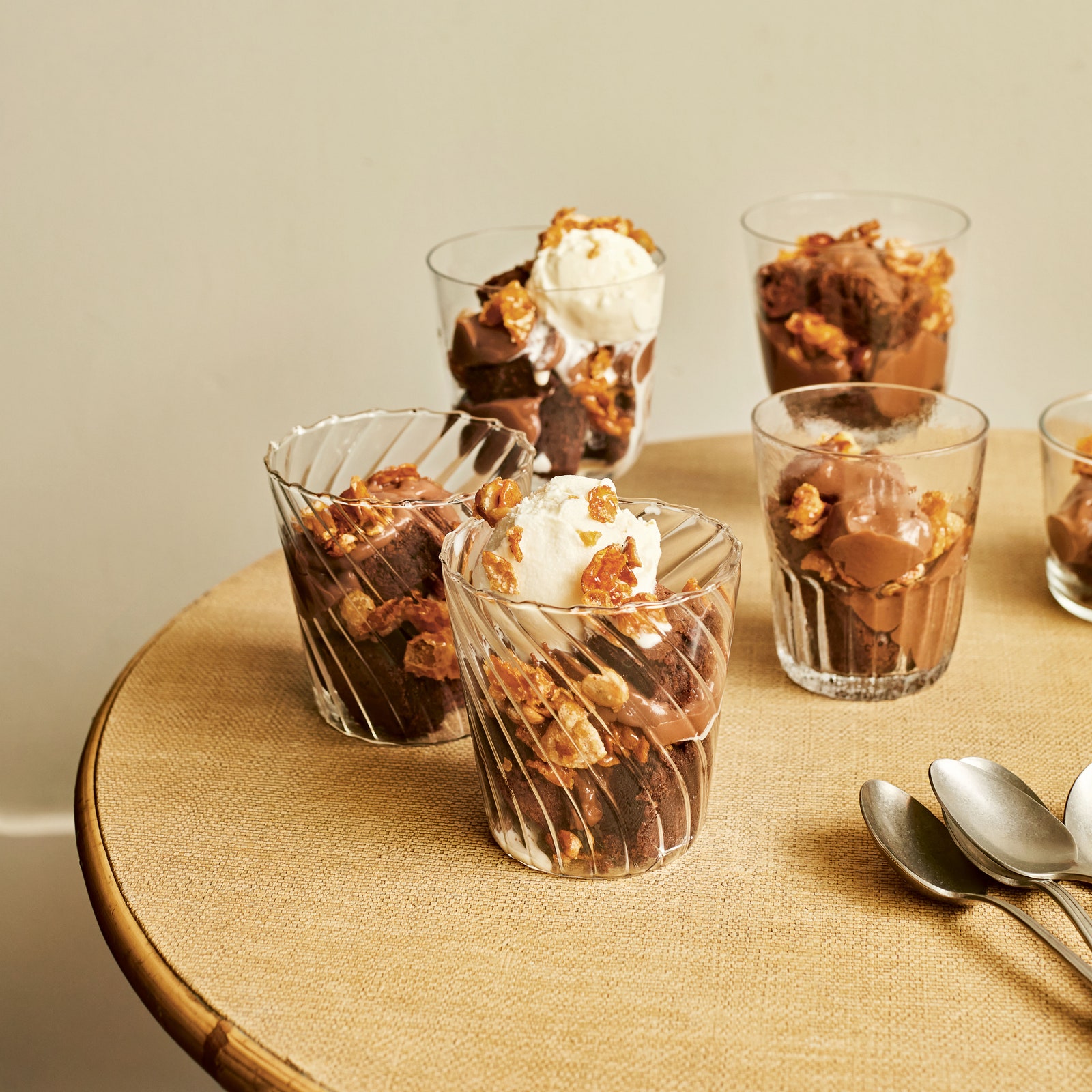 Chocolate brownie pudding with cornflake crunch